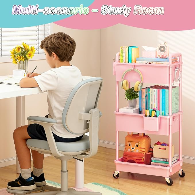 SUNALLY Baby Diaper Caddy Cart, 3 Tier Rolling Diaper Cart for Nursery,Pink | Large Capacity & Easy Assemble Diaper Storage Organizer with Lockable Wheels for Newborn, New Mom, Baby Girl Boy Essentials