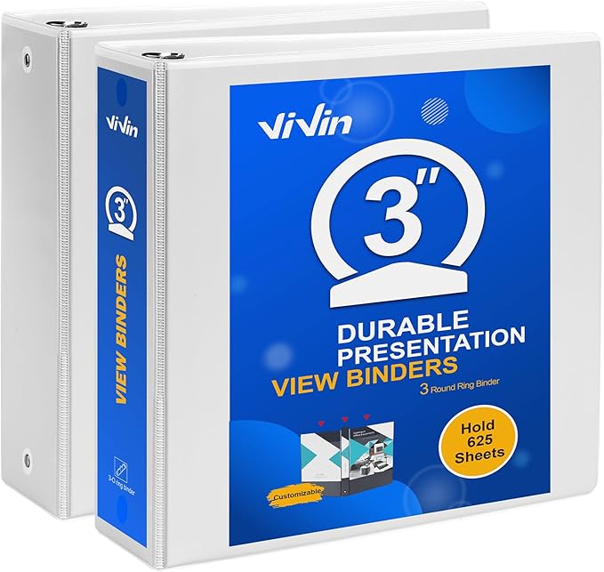 ViVin 3 Ring Binder 3 inch with Clear View Cover, Large 3" Round Ring for Strength, Holds 600 Sheets of US Letter Size Paper, Office Home School, 2 Pack (White)