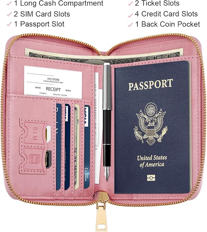 Passport Holder for Travel Personalized Wallet with Wristlet Women | All-in-One Passport Cover, RFID Blocking, Back Coin Pocket, Paper Money Slot, Zipper Closure, Roses Initial Letter, Pink R