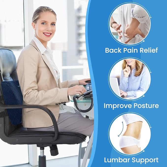 Lumbar Support Pillow for Office Chair, Back Support, Memory Foam, Blue | Improve Sitting Posture & Back Pain Relief. Lumbar Pillow Fits Office, Gaming & Car Chairs with Adjustable Dual Straps
