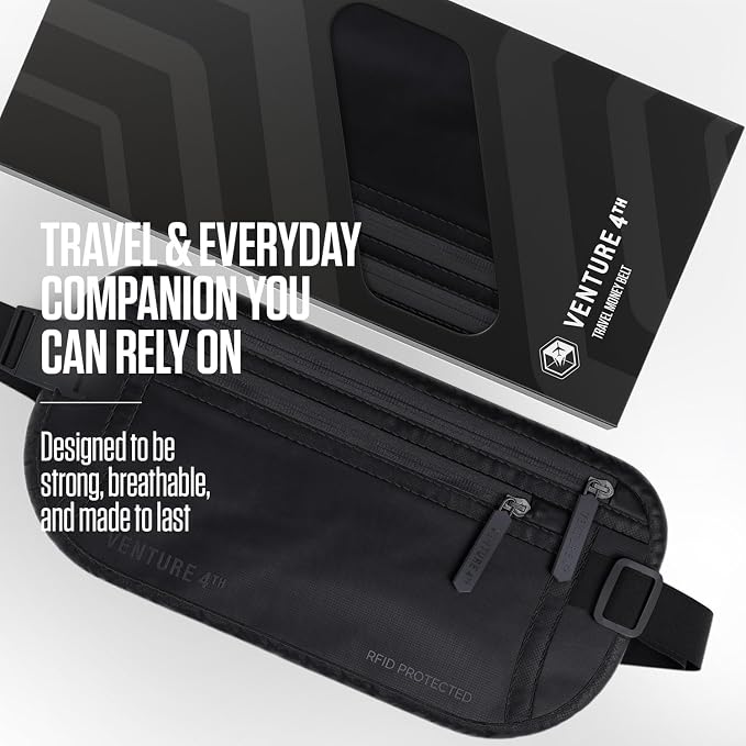 VENTURE 4TH Travel Money Belt, RFID Blocking Passport Holder - Sleek Black