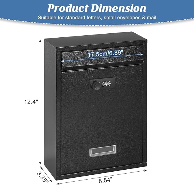 KYODOLED Locking Wall Mount Mailbox, Mail Boxes with Combination Lock for Outside, Security Cash Key Letter Drop Box with Code for House Office School,12.4H x 8.54L x 3.35W Inches, Black