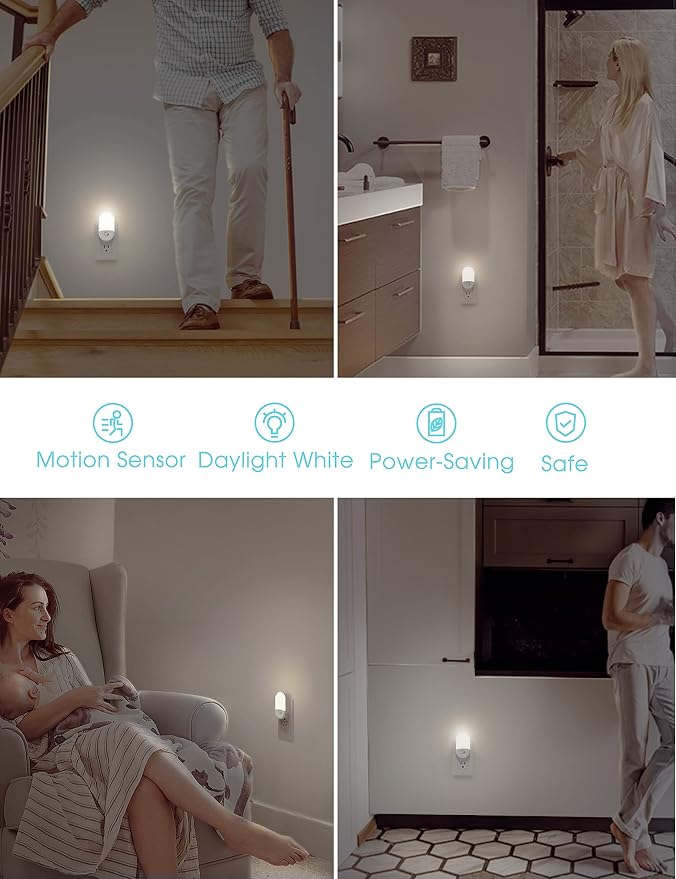 L LOHAS LED Motion Sensor Night Light, [2 Pack] Motion Activated Night Light, Daylight White, Adjustable Brightness, Motion Sensor Light Indoor Plug in for Nursery, Kids, Bedroom, Bathroom Nightlight