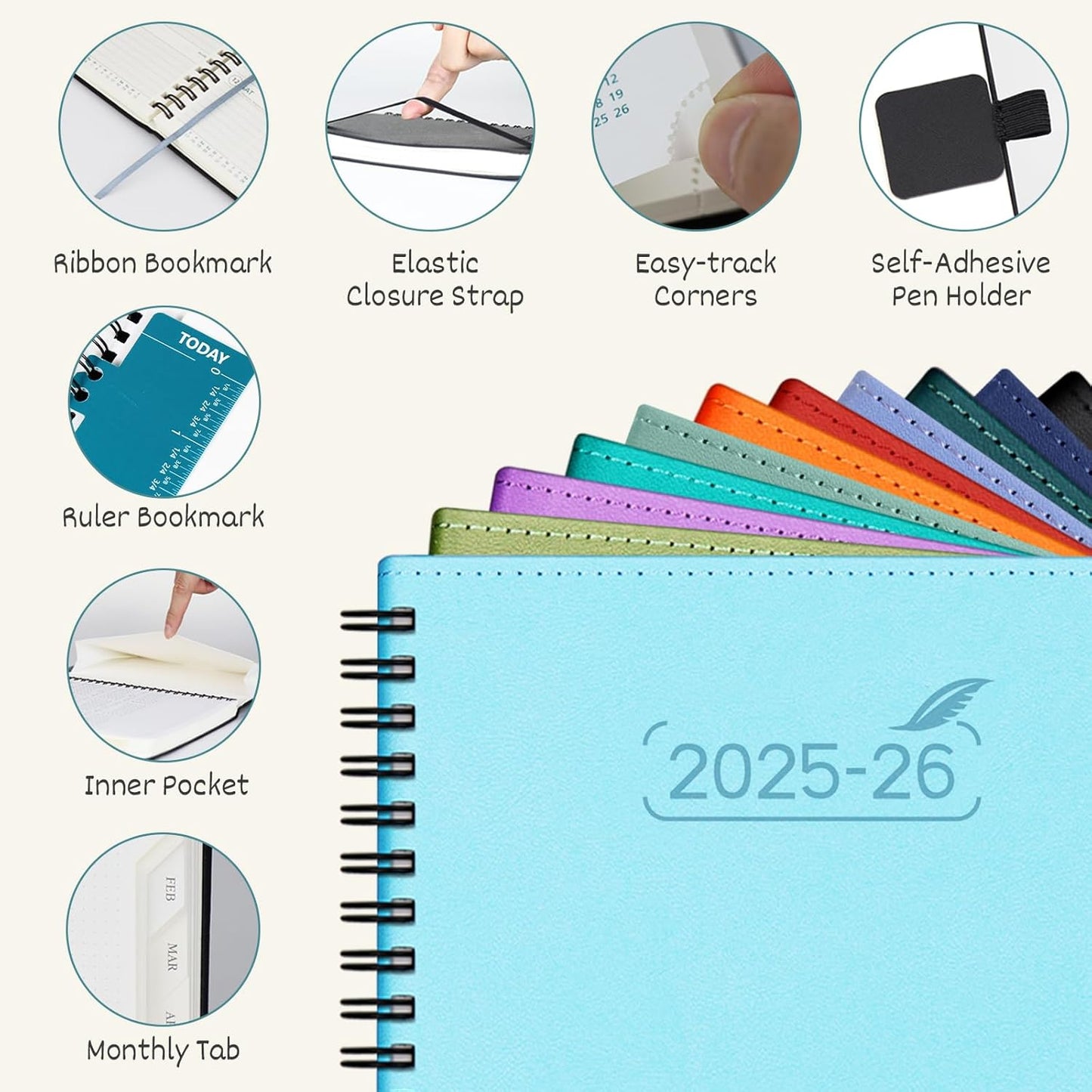 BEZEND Planner 2025-2026 Weekly and Monthly, 5.8" x 8.5" Academic Calendar (Jul 25-Dec 26) Vertical Daily Appointment with Hourly Timeslot & Monthly Tab, Spiral, PU Leather Softcover - Blueberry