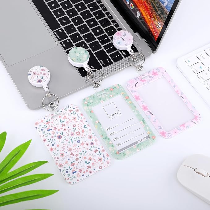 3 Set Floral Pattern ID Badge Holder with Retractable Reel, Retractable ID Badge Holders with Clip Name Badge Holders for Teacher Nurse Doctor Student Office Workers