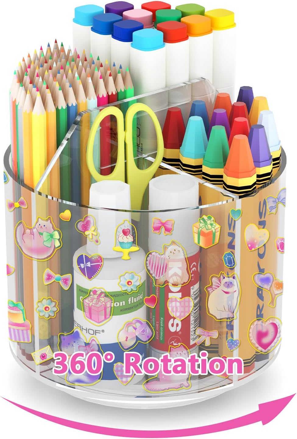 Acrylic Pencil Organizer for Desk 4 Compartments with Adhesive DIY Sticker, Rotating Art Supply Organizer with Kawaii Sticker Kids, Spinning Round Marker Organizer Small Supply Organizers Caddy