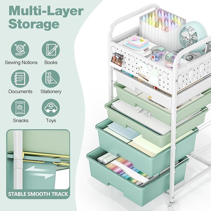 5 Drawer Rolling Storage Cart with Pegboard Top and Hooks, Gradient Green | Mobile Organizer Cart with Wheels for Office Supplies, Craft Storage, Classroom Organization, Home Utility Cart