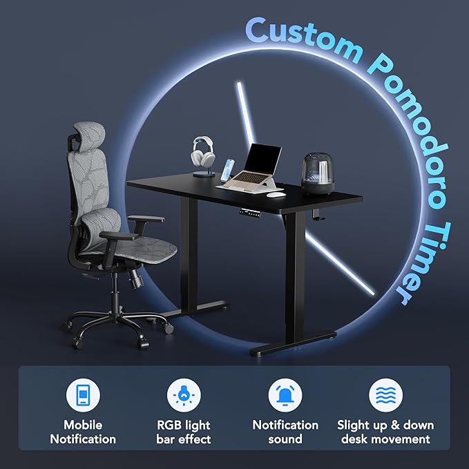 HUANUO One-Piece AI-Powered Electric Standing Desk, Smart APP, Compatible with Alexa & Google, Adjustable Height, 6 Memory Settings, Sedentary Reminder, Ergonomic Sit-Stand Desk, 48-inch, Black