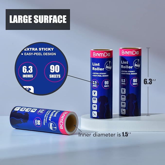 Extra Sticky Large Surface Lint Roller, 6.3''Wide Roller for Pet Hair | Long Handle Lint Remover for Couch, Furniture, Clothes, Dog & Cat Hair Remover (4 Refills / 360 Sheets)