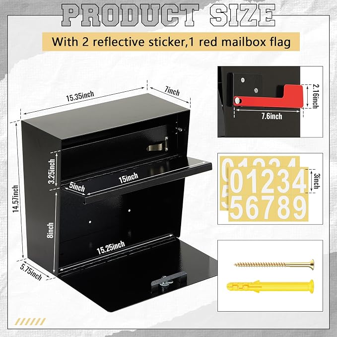 Yaocom Extra Large Wall Mount Mailboxes for Outside 15.35 x 15 x 7 Inches Locking Security Mail Box Galvanized Steel Wall Mailbox Large Capacity Post Box with Key Lock and Reflective Stickers(Black)