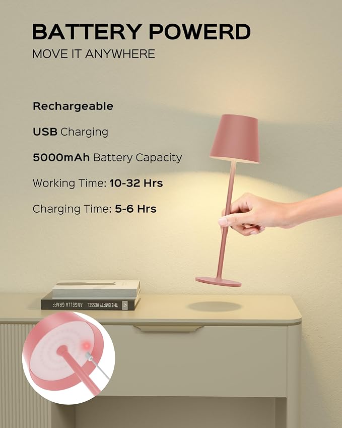 JACKYLED Cordless Table Lamps Rechargeable, 3 Adjustable Height, 5000Capactiy Opwer Operated, 3 Colors Smooth Dimming, Portable LED Waterproof Table Lamp for Dining, Bedroom, Outdoor ((2 Pack Pink)