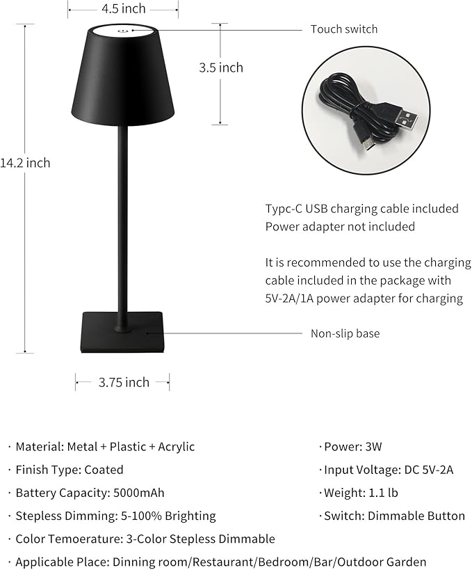 KDG 2 Pack Cordless Black Table Lamps, Rechargeable Portable LED Desk Lamps | 5000mAh Battery Operated 3 Color Stepless Dimming Up for Restaurant, Bedroom, Outdoor Party, Camping, Coffee Shop, Nightlight