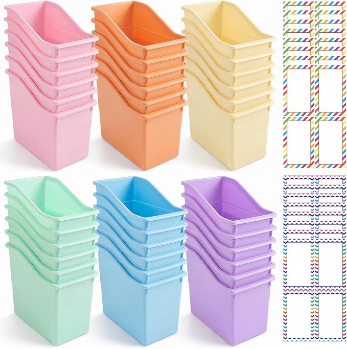 Blosssound 36 Set Book Bins for Classroom Stackable,Pastel | Plastic Baskets with Labels, Slanted Front, Library Supplies Organizers, Desktop Storage Bins, Teachers Home School Use