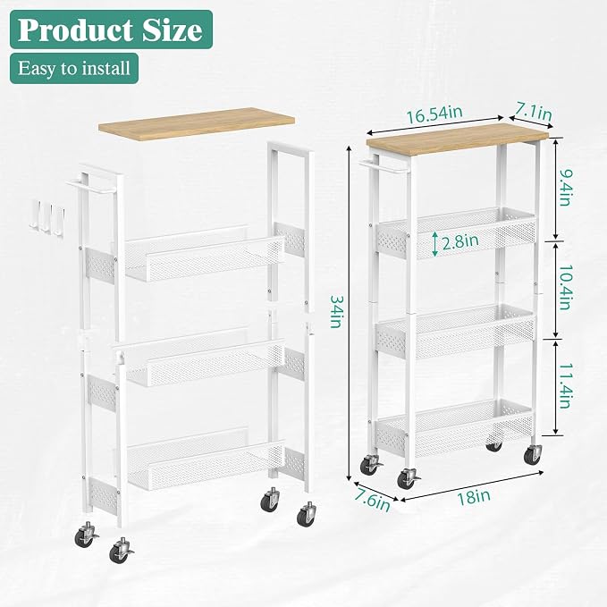 Slim Rolling Storage Cart 4 Tier Bathroom Organizer Mobile Shelving Unit Utility Cart with Wood Top and Handle for Kitchen Laundry Narrow Places, White