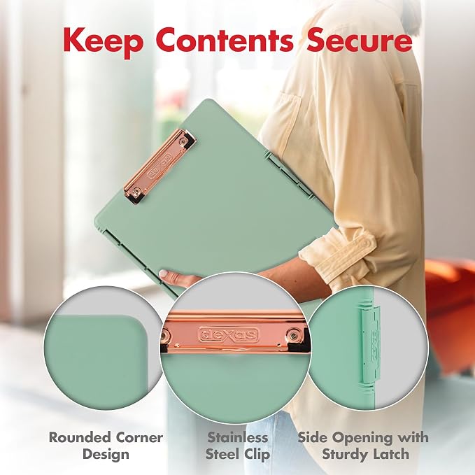 Dexas Slimcase 2 Plastic Clipboard with Storage and Side Opening, Foam Green Rose Gold, Office Supplies Clipboards to Organize, Carry and Store, A4 Holder, Nursing Clipboards (Pack of 6)