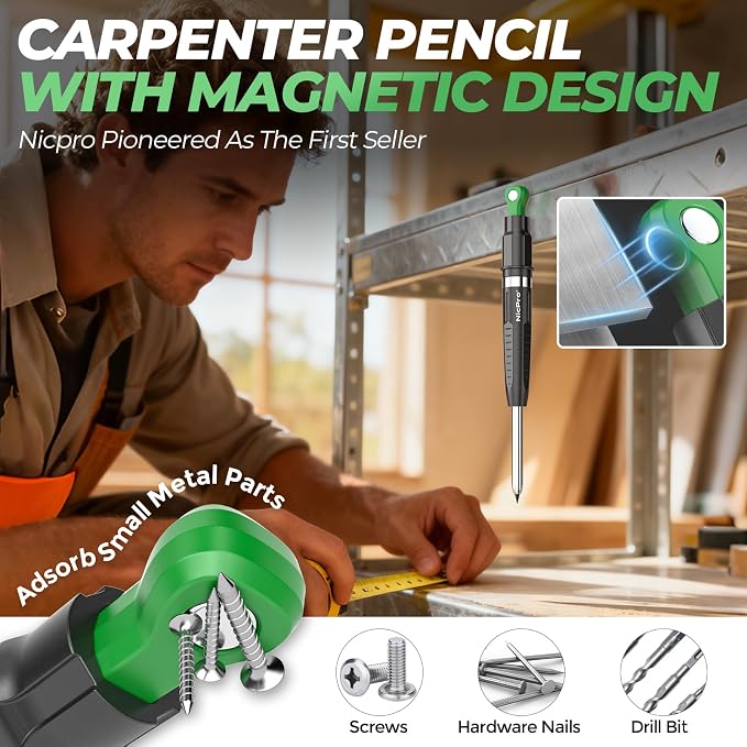 Nicpro CP5000 Magnetic Carpenter Pencils with Sharpener & Holster, 1 Pack | 2.8mm Construction Pencil+10 Refill, 7-in-1 Deep Hole Marker for Construction, Woodworking Pencil with Magnet Pickup Cap