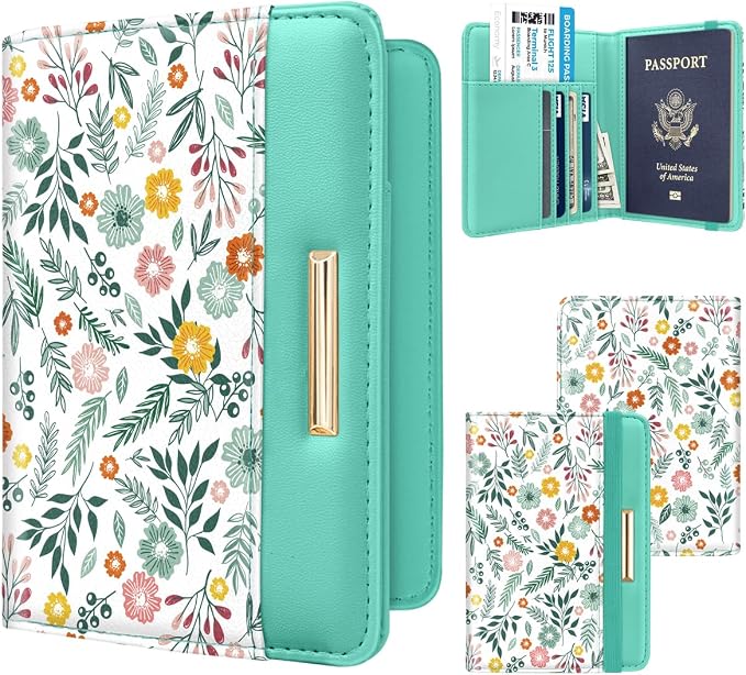 Coco Rossi Passport Holder for Travel Women Slim RFID Passport Cover Wallet | Travel Essentials, Passport Book Holders, Passport Wallet Cover Case, PU Leather, Cute, Thin, Spliced Design, Green Daisy