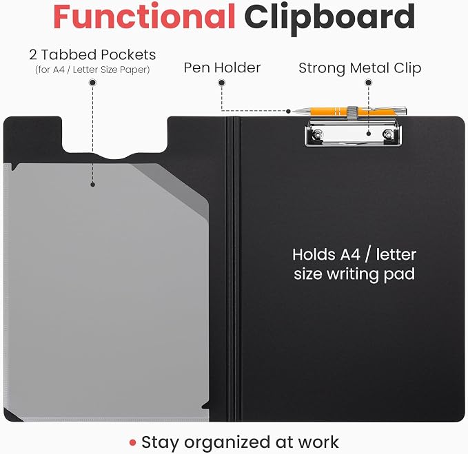 Sooez Foldable Clipboard Folder, A4 Folding Clip Board with Pen Loop 8.5x11 | 2 Tabbed Pockets, 360° Portfolio, Binder Clipboards with Low-Profile Metal Clip, Folio Storage for Nursing, School & Office