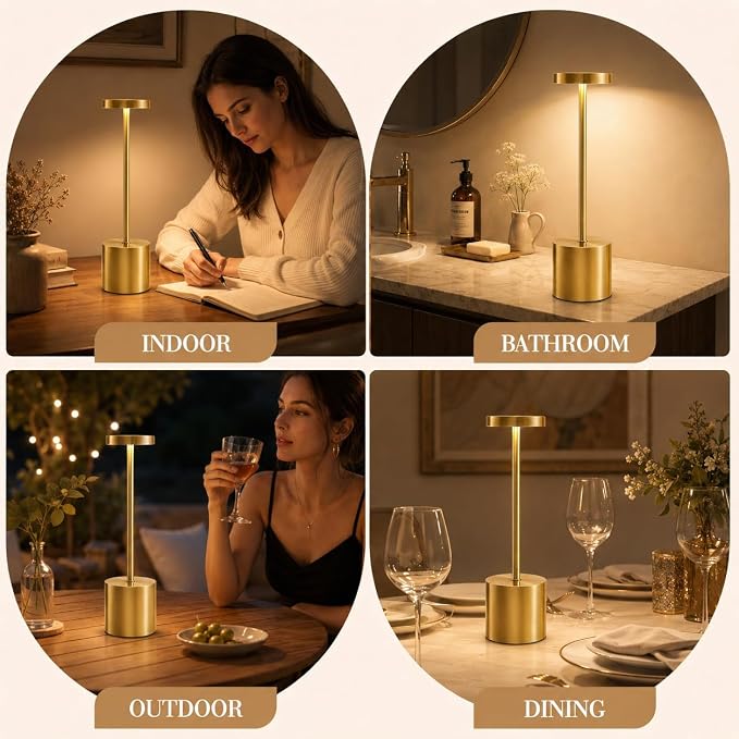 AUDLES Gold Cordless Table Lamps Set of 2, Brass Rechargeable Lamp, Battery Operated Lamps for Wedding Centerpiece & Holiday Tablescape, Touch Dimmable Glam Bedroom Nightstand Lamp, IP54 Waterproof