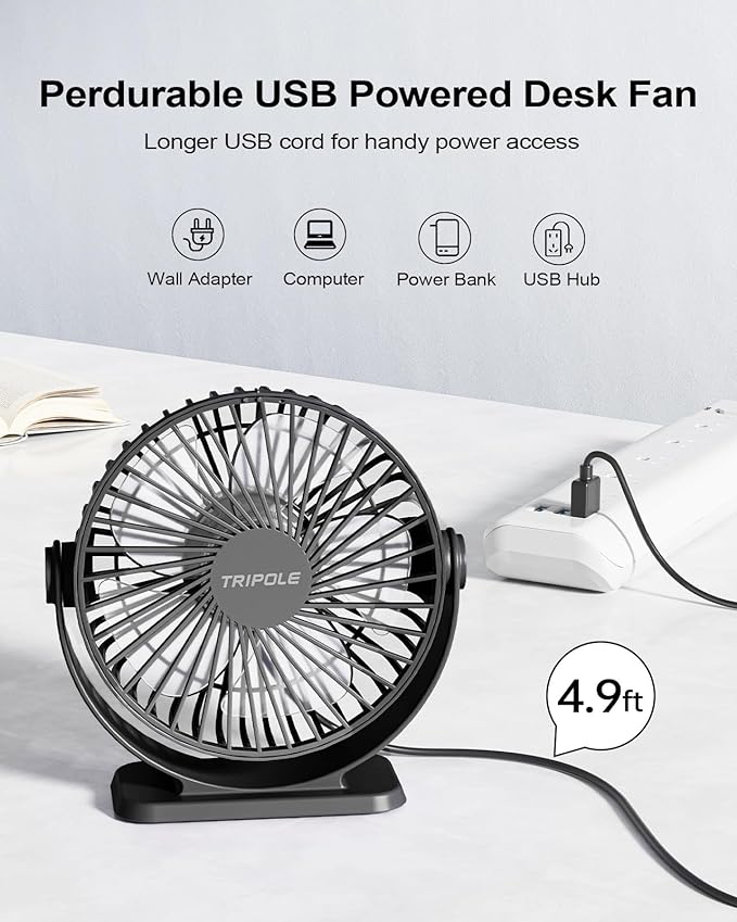 TriPole Small Desk Fan USB Powered Mini Portable Fan 360°Rotation, 5.1 Inch | 3 Speeds Plug In USB Desk Fan, Strong Airflow, Small Quiet Personal Fan for Home Office Bedroom Hotel Travel, 4.9ft Cable