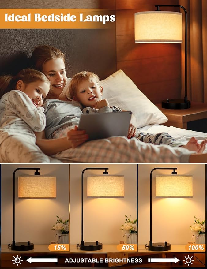 20.7" Tall Table Lamp with USB & Outlet, Fully Dimmable Nightstand Lamp | Linen Lampshade, USB Port and Outlet, Black Desk Lamp for Bedside, Living Room, Guest Room, Home Office, LED Bulb Included