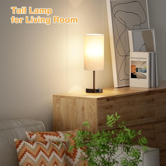 Dicoool 17.4" Bedside Lamp for Bedroom - Dimmable Touch, USB A+C, AC Outlet | LED Bulb Included, 3-Way Dimmable, 17.4" Table Lamp for Living Room, Dorm, Beige Fabric Lampshade, Brown Metal Base