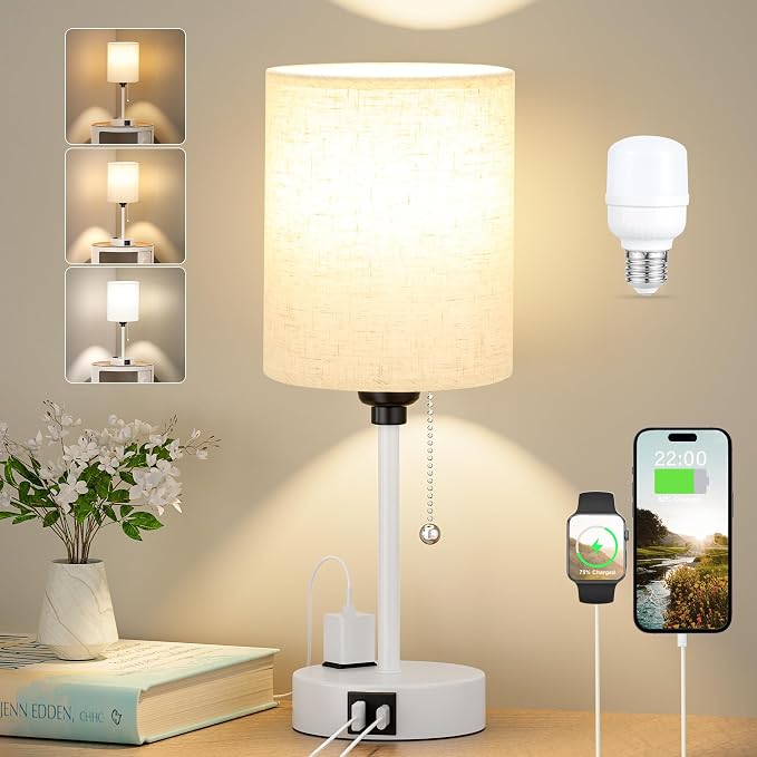 Small Bedside Table Lamp for Bedroom, Desk Lamp with USB Ports for Dorm | USB A+C Ports, AC Outlet, 3 Color Temperatures, LED Bulb Included, Linen-Fabric Shade, Matte White Base, 14" Night Stand Lamp