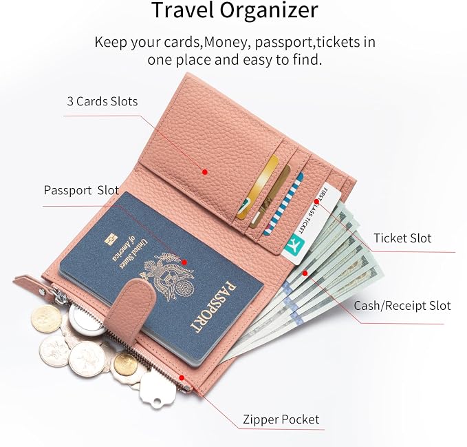 Passport wallet and Card Slot Combo RFID Blocking Leather Travel Passport Wallet for Men and Women with Zippered Coins Pocket Passport holder,Pink