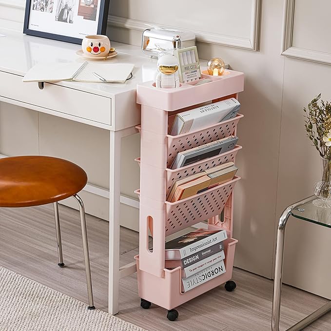 Pink Rolling Office Paper Organizer, Mobile Book Cart Document Folder File Storage with Pen Holder, Slim Rolling Storage Cart Movable Bookshelf for Office, Dorm, Classroom, Nursery