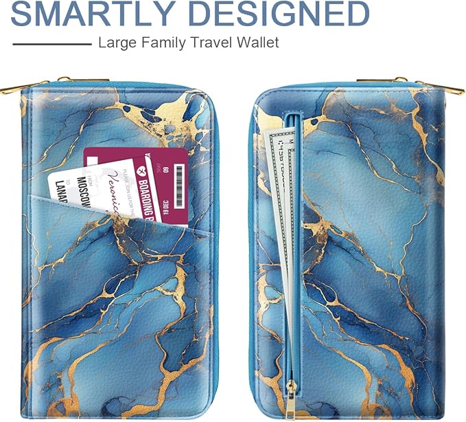 Family Passport Holder Wallet RFID Blocking Document Organizer | PU Leather Mulit-purpose Travel Wallet Credit Cards Case for Women Men, Blue Marble