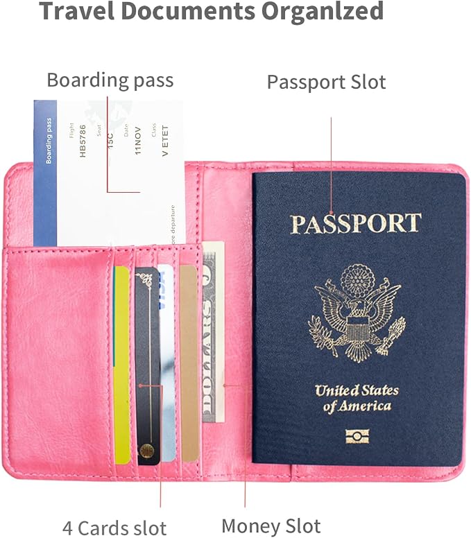 Passport Holder Cover and Card Case Slot Combo RFID Blocking Leather Travel Passport Wallet for Men and Women US Passport Protector Document Organizer,Pink
