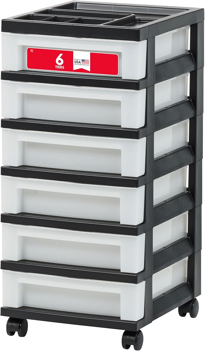 IRIS USA 6-Drawer Rolling Storage Cart with Organizer Top, Black/Pearl | Keep classroom supplies, teacher essentials, craft materials, and learning tools organized with easy-access drawers.