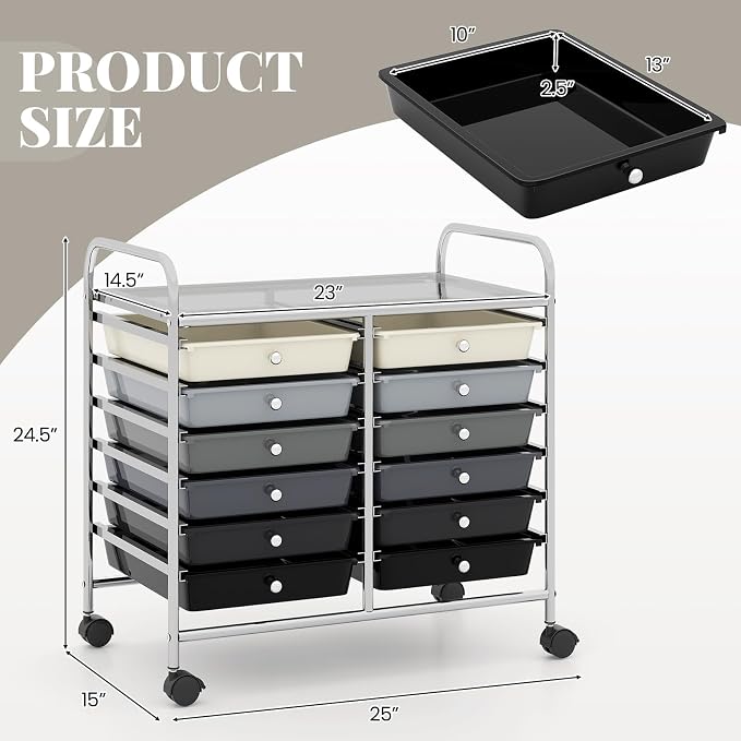 RELAX4LIFE 12-Drawer Rolling Storage Cart - Mobile Utility Cart on Wheels for School Classroom Teacher Office Salon, Paper File Art Supply Craft Organizer, Rolling Cart with Drawers (Gradient Black)