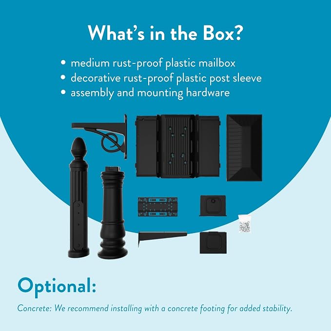 Architectural Mailboxes Stratford Plastic Mailbox and Post Kit, SC000BAM, Black, Medium Capacity | Includes the matching post and all hardware. Durable plastic build with weather-resistant outdoor construction. USPS approved