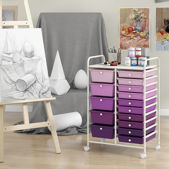 COSTWAY 15 Drawer Rolling Storage Cart, Mobile Storage Organizer | Removable Drawers & Metal Frame, Multipurpose Utility Tools Paper Organizer on Wheels for Home, Office (Purple Gradient)