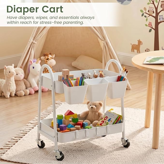 2-Tier Rolling Cart, Utility Cart Mobile Metal Rolling Storage Cart with Lockable Wheels & Hanging Cups & Hooks for Kitchen, Bathroom, Office, Workshop, Purple