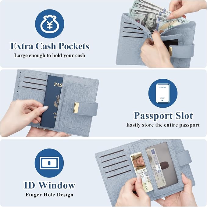 BKNOOU RFID Blocking Passport Holder with Airtag Slot- Leather Travel Passport Wallet for Women & Men, Slim Bifold Travel Passport Holder Holds Cards & Tickets & Cash (Blue)
