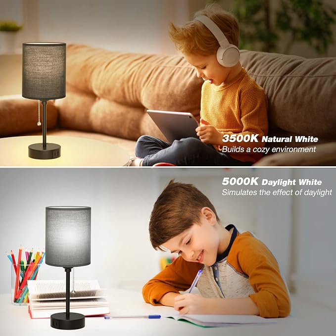 Small Bedside Table Lamp for Bedroom - Desk Lamp with USB Ports for Dorm | USB A+C Ports, AC Outlet, 3 Color Temperatures, LED Bulb Included, 14" Night Stand Lamp