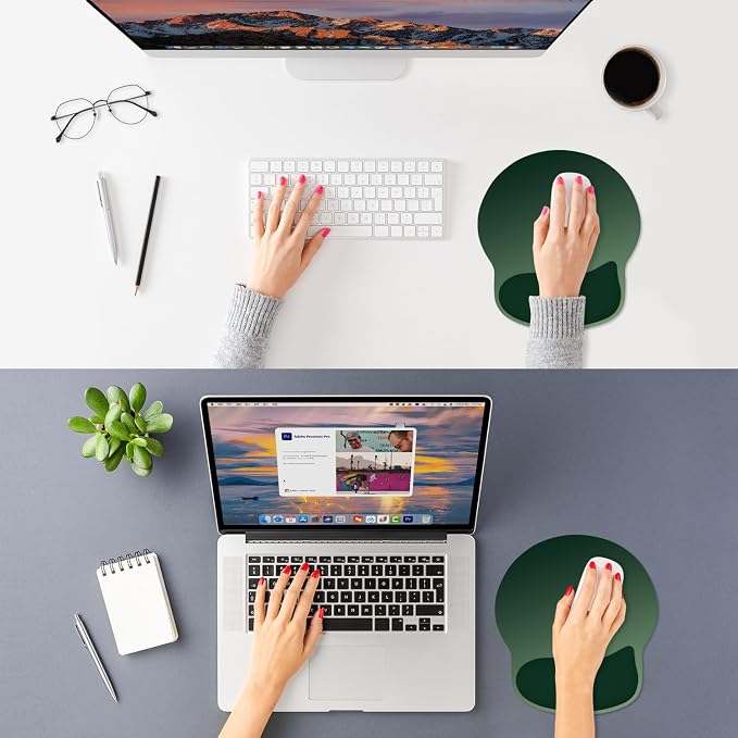 ITNRSIIET Ergonomic Mouse Pad with Wider Memory Foam Wrist Rest +17% - Curved Cushion Reduces Pressure 20%, Pain Relief, Non-Slip, Smooth, Cute Colors, 9.85 x 9 in, Deep Green Gradient