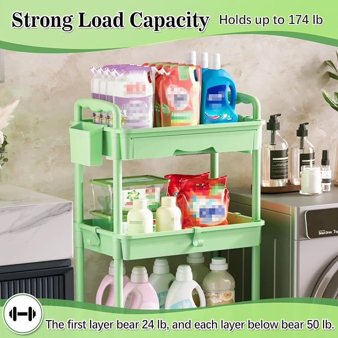 SUNALLY 4 Tier Rolling Cart with Drawer, Craft Storage Cart Organizer,Green | Bathroom Storage Organizer with 2 Lockable Wheels, Rolling Utility Cart for Kitchen, Office, Baby, Makeup, Nail,Snack,Laundry