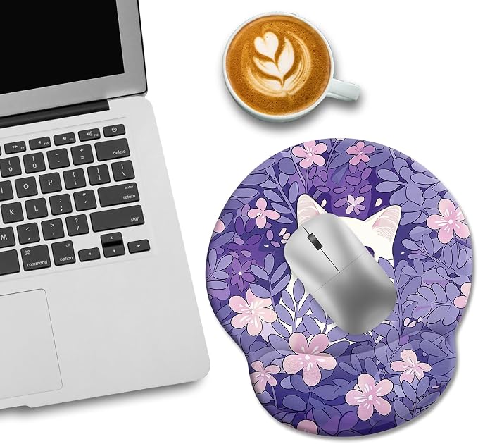LIMKRIAN Purple Mouse Pad with Gel Wrist Rest, Cat Ergonomic Mouse Pad | Non-Slip PU Base, Smooth Surface, Comfort Wrist Support, Pain Relief, Cute Kawaii Purple Office Supplies Desk Accessories