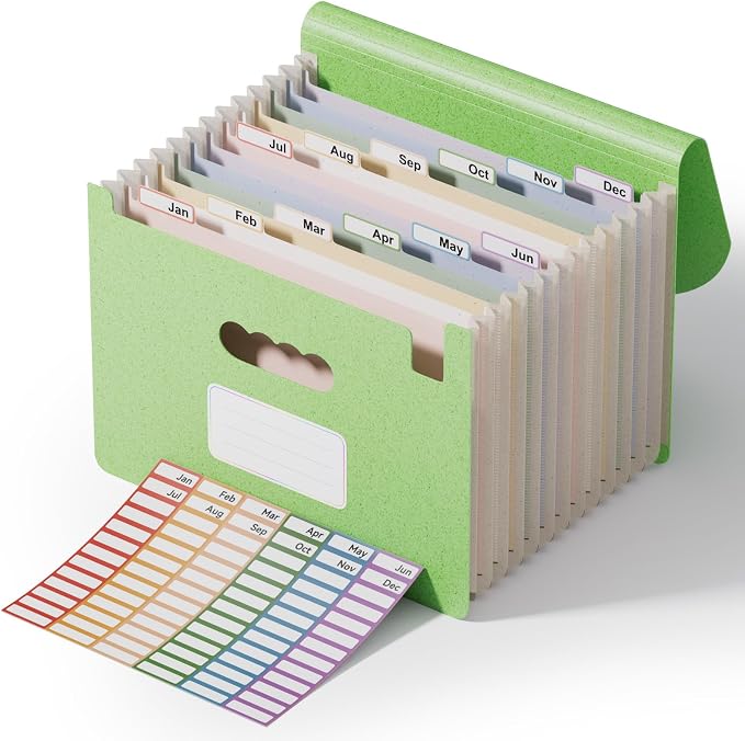 ThinkTex 12-Pocket Accordion File Organizer, Letter & A4 Size, 16 Colors | for Paper Receipts, Bills&Taxes Organizer, Portable Letter/A4 Size Document Holder for School, Office, Home