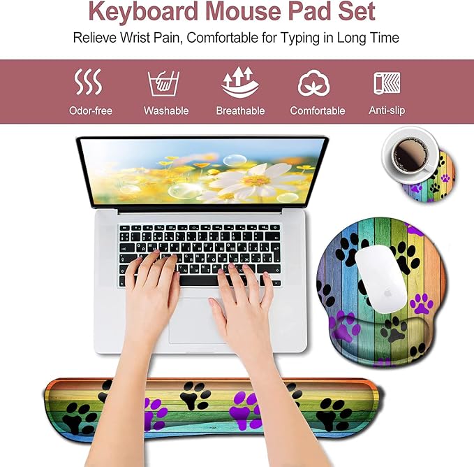 Mouse Pad with Wrist Support Memory Foam Keyboard Wrist Rest Gaming Mousepad Office Easy Typing Games to Relieve Fatigue Non-Slip Rustic Rainbow Woodgrain Black and Purple Dog Paw Personality Desings