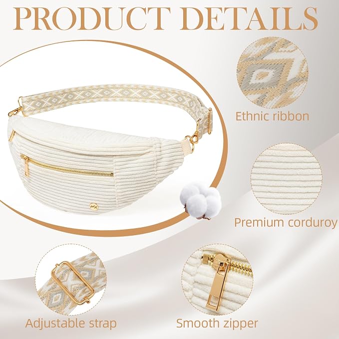 Beige Corduroy Crossbody Bag Women Vintage Boho Fanny Pack with Gold Zipper | Geometric Wide Strap,Versatile,4-Zipper Pockets,Ideal for for Travel Casual Outdoors Shopping Daily Vacation