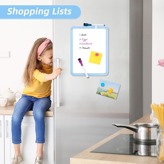 VUSIGN Magnetic Dry Erase Board, 8.5 x 11 Inches White Board, Blue | Includes 4 Dry Erase Markers, Small Mini White Board for Students Fridge Wall Locker