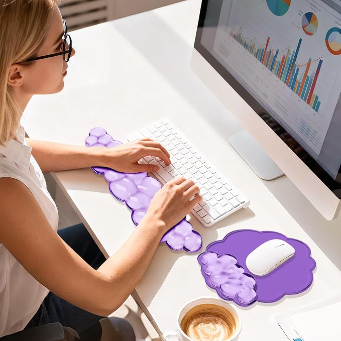 Keyboard Wrist Rest Set — Ergonomic Cloud Wrist Rest Keyboard and Mouse Pad, Non-Slip Desk Accessories for Office and Home（Purple）