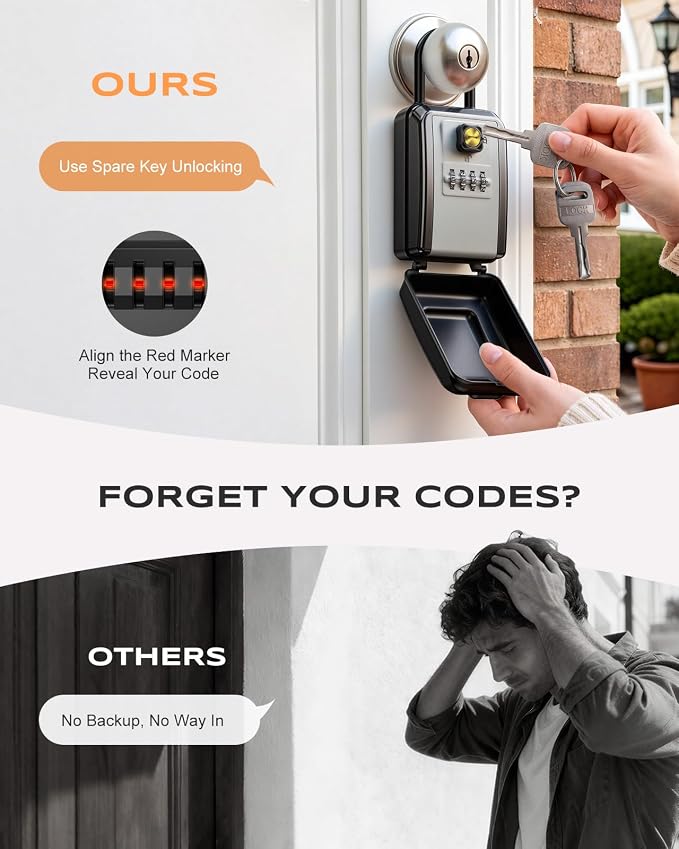 Large Lock Box for Keys with Code, 4 Digits Combination Portable Key Lock Box with Resettable Spare Key, Weatherproof Key Safe Storage Lockbox for Home, Office Door Handle, No Drilling Needed