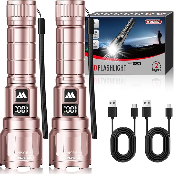 WdtPro LED Rechargeable Flashlight 2 Pack, 3 Modes Super Bright High Lumens Flashlights, Zoomable Tactical Flash Light with LCD Display, IP65 Waterproof Flashlights for Home Emergency Camping - Pink
