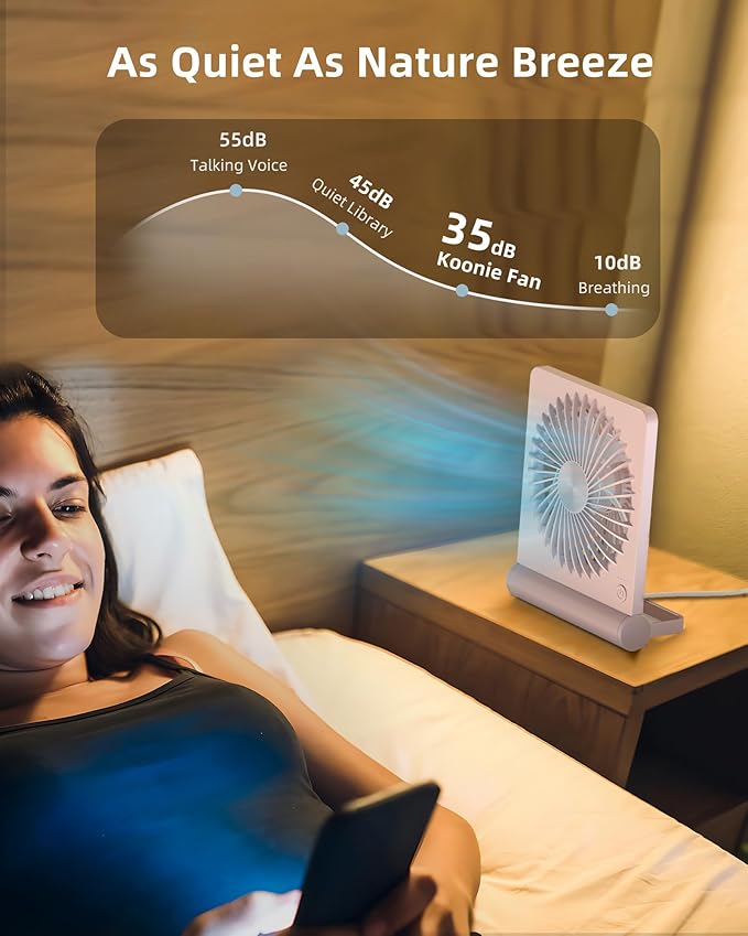 Koonie USB Desk Fan, Strong Wind Ultra Quiet Small Mini Fan | 220° Tilt Folding & 3 Speeds Adjustable, USB-C Powered Personal Fan for Home Office Desktop, Pink, NO BATTERY