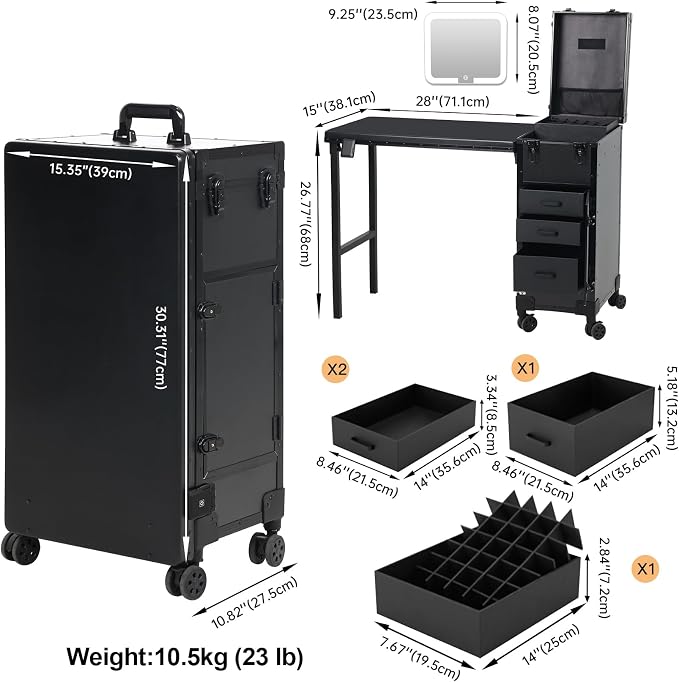 Rolling Portable Manicure Table with 3 Drawers, Lockable Makeup Train Case with Detachable Mirror, Foldable Nail Desk with Wheels & Handle, Mesa de Uñas Profesional para Nail Techs & Salon Use, Black